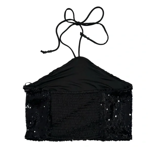 NWOT HOUSE OF HARLOW 1960 Black Sequin Halter Crop Top XS - Picture 3 of 5